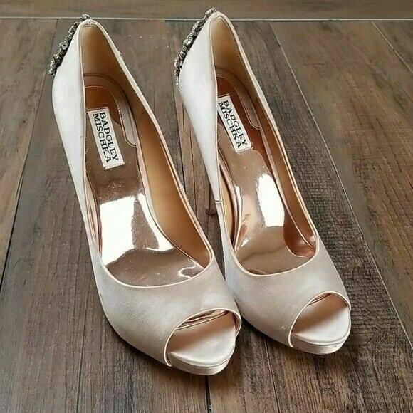 Latte Satin Embellished Peep-Toe Evening Pumps L917