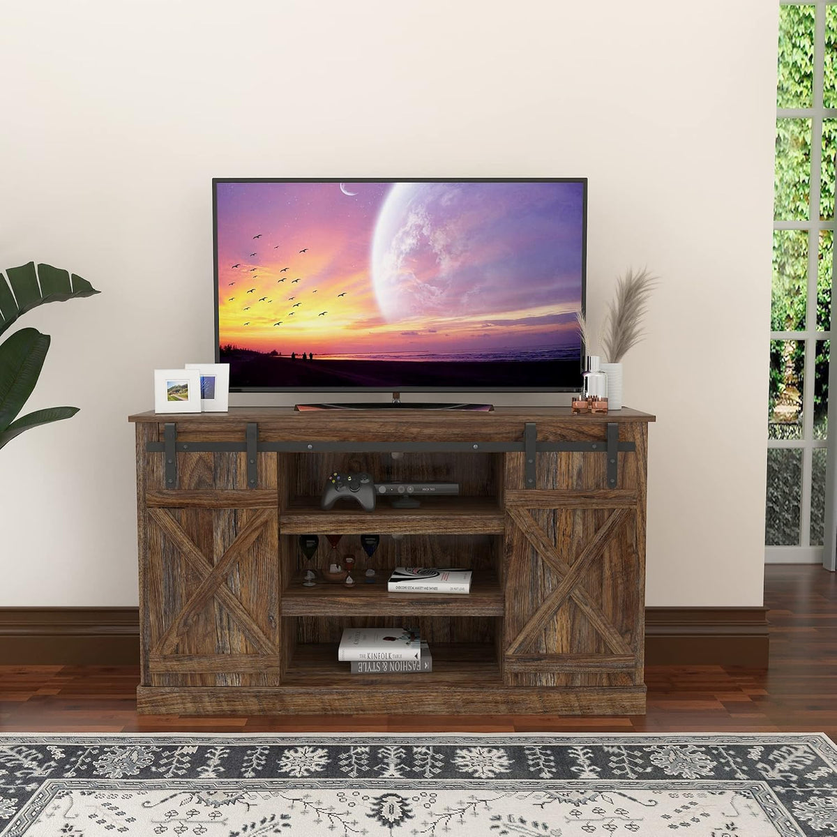 Modern Farmhouse Sliding Barn Door TV Stand up to 60 Inches T5722