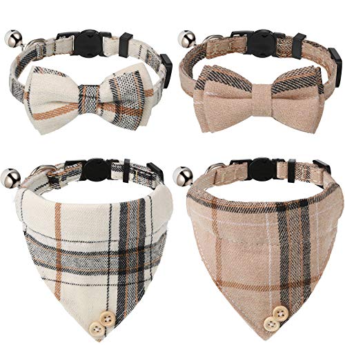 4 Pieces Breakaway Cat Collar Bandana with Plaid Scarf and Bowtie Bell H257