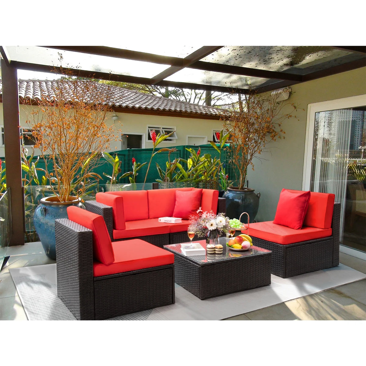Red 5 Pieces Outdoor Wicker Rattan Sectional Set with Glass Table J59035