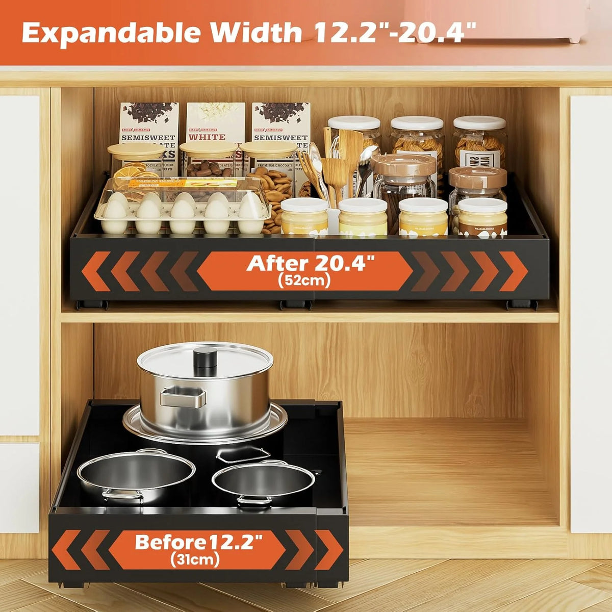 2Pack Expandable Pull Out Cabinet Organizer 21Deep, Adjustable Width 12.2-20.4, Black D571