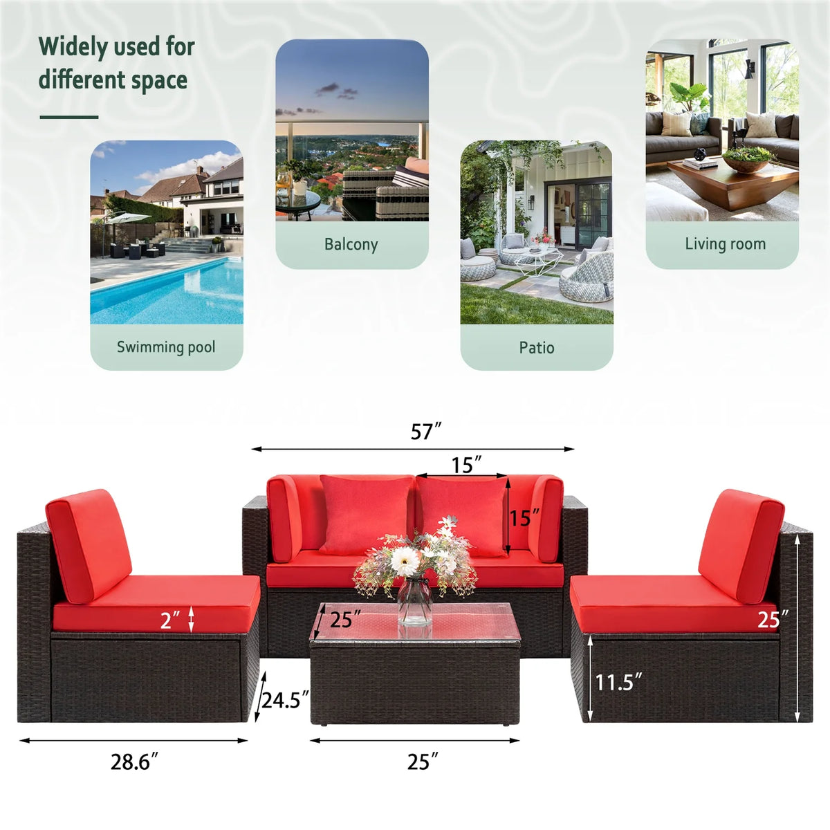 Red 5 Pieces Outdoor Wicker Rattan Sectional Set with Glass Table J59035