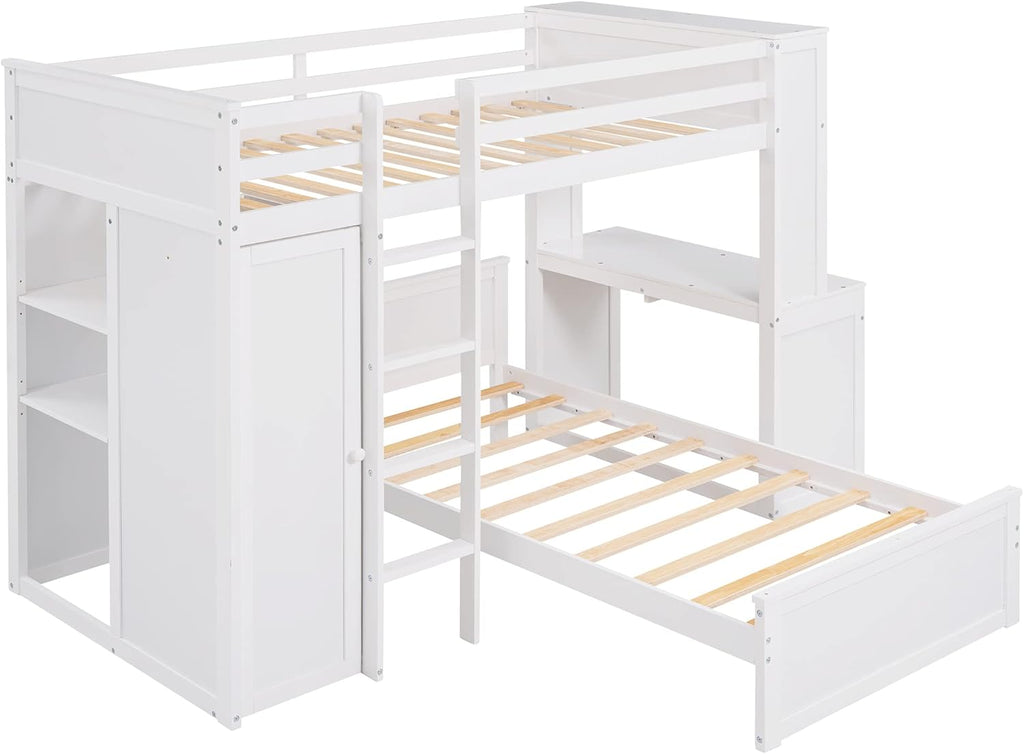 White Twin Wooden Bunk Loft Bed with Shelves Desk and Wardrobe D587