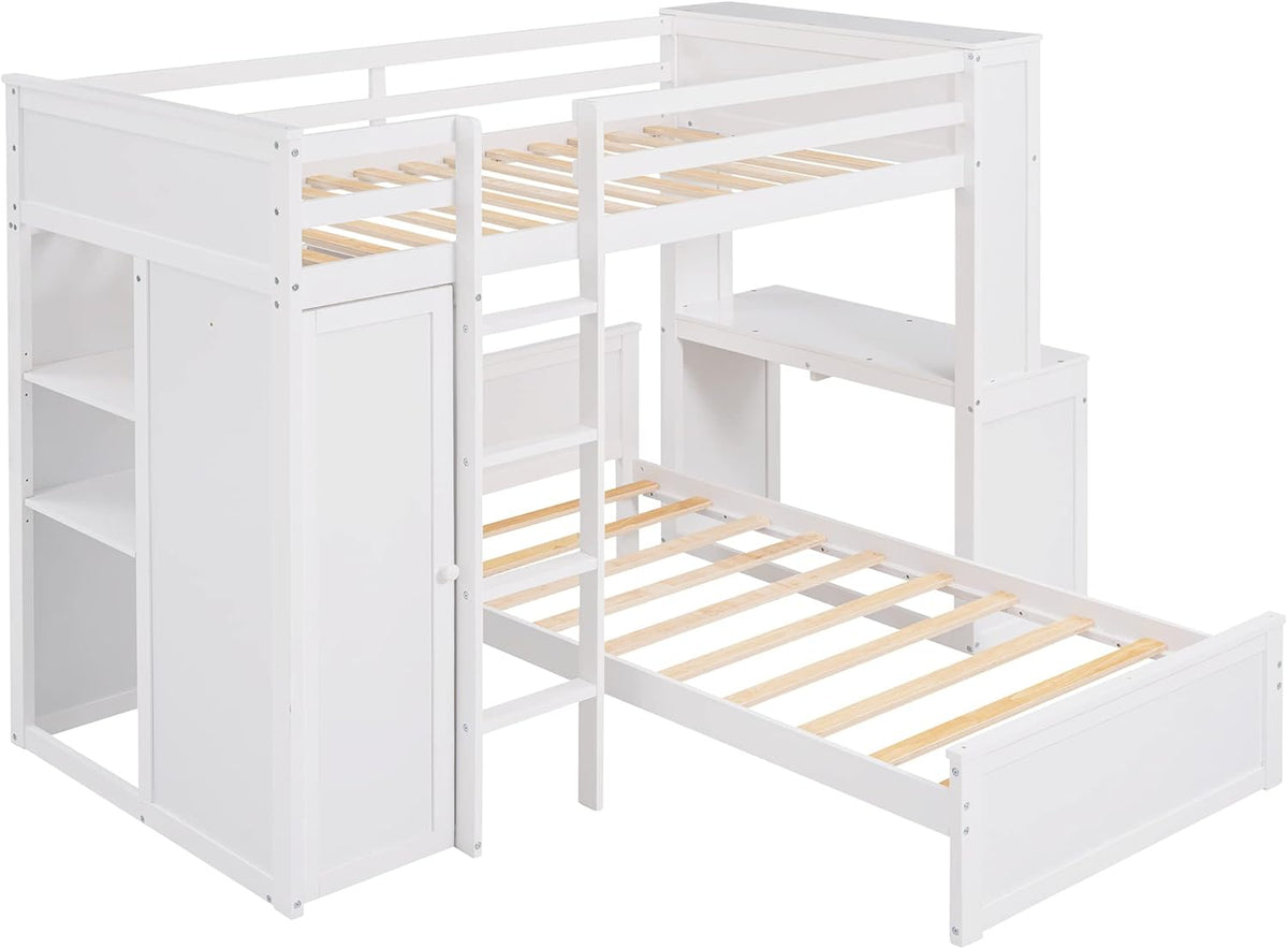 White Twin Wooden Bunk Loft Bed with Shelves Desk and Wardrobe D587