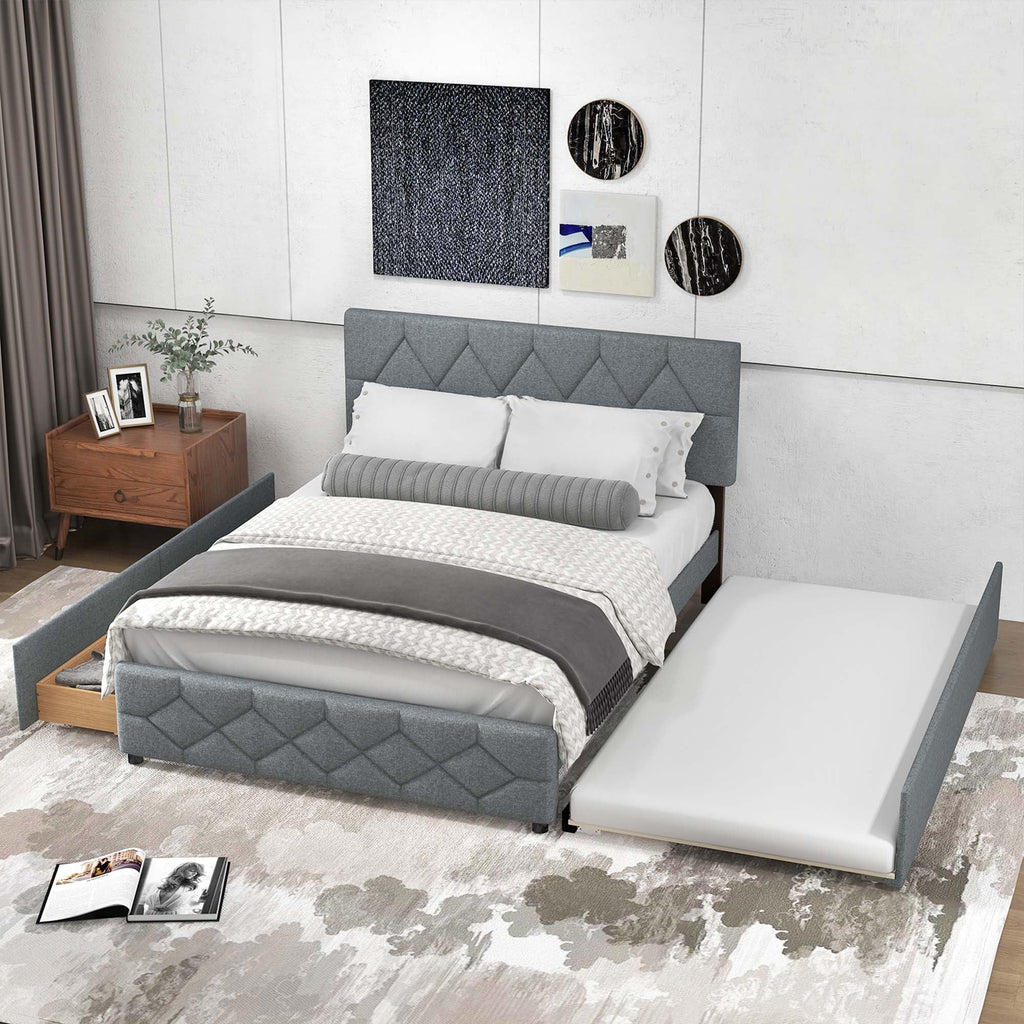 Queen Upholstered Platform Bed with Twin XL Trundle and 2 Drawers N2195