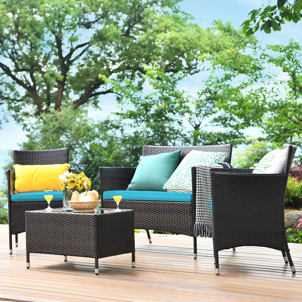 4 Pc Turquoise Cushioned Patio Rattan Conversation Furniture Set M945796