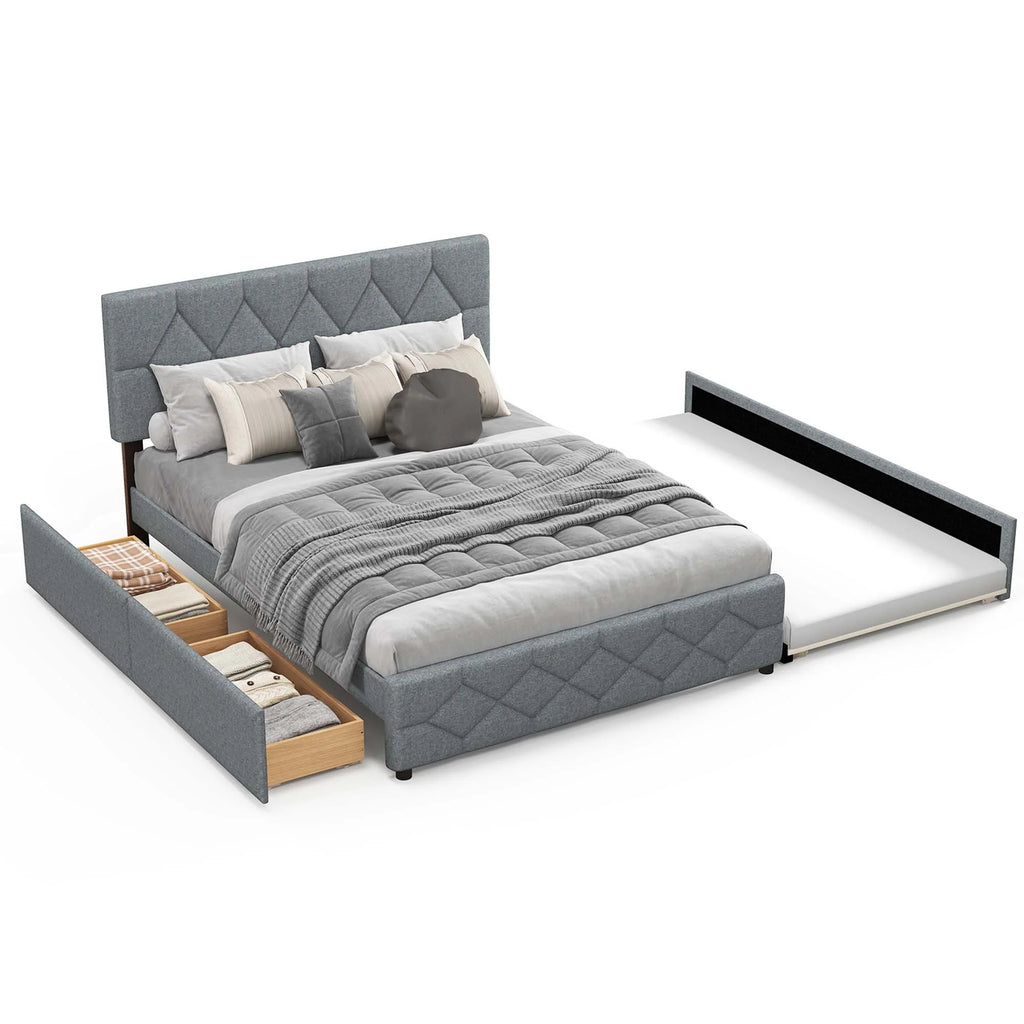 Queen Upholstered Platform Bed with Twin XL Trundle and 2 Drawers N2195