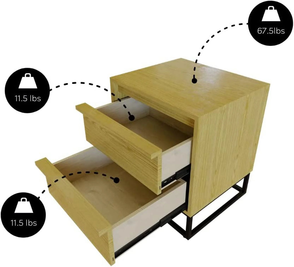 Natural Oak Solid Wood Nightstand with Two Drawers M283776