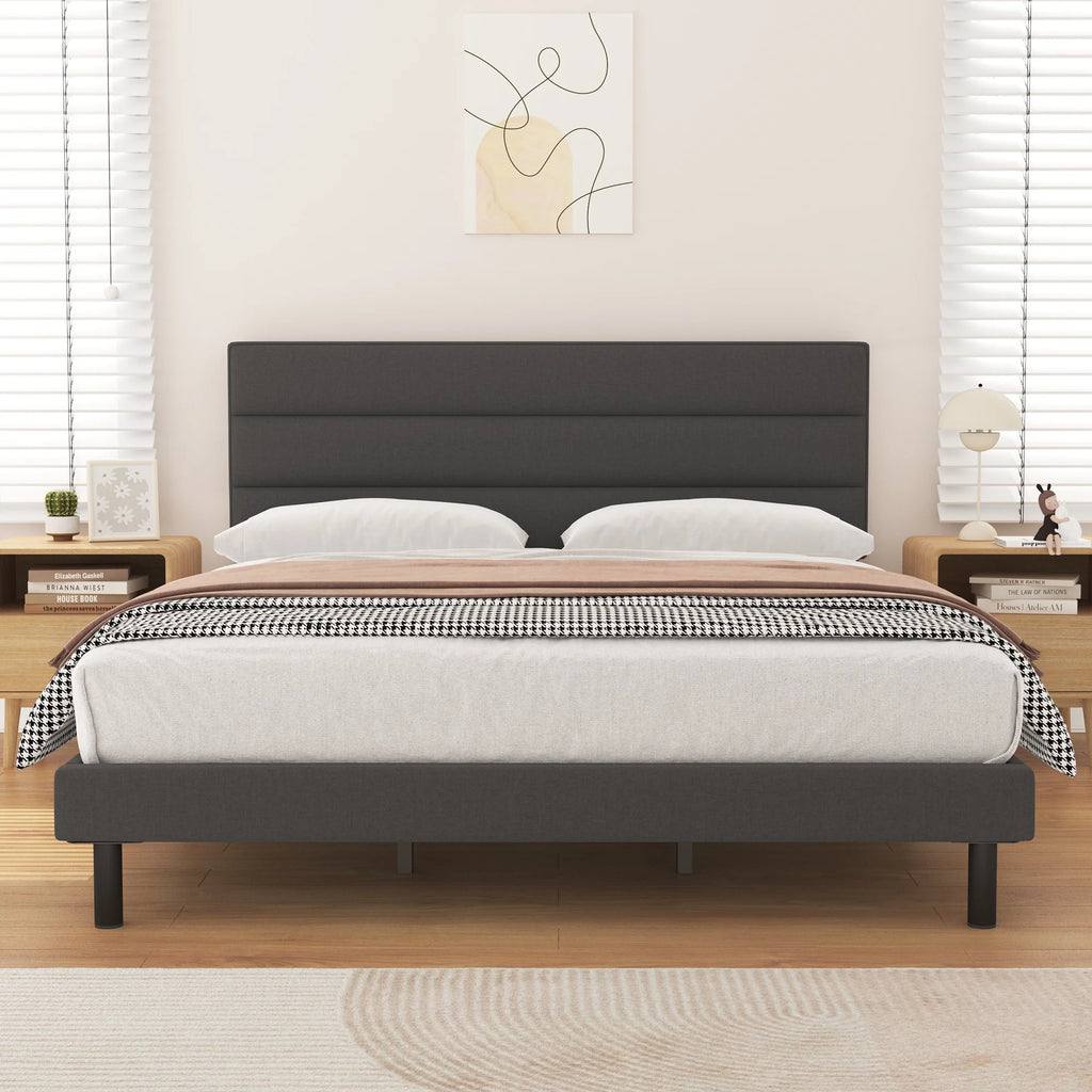 King Size Platform Bed with Wingback Fabric Upholstered Headboard B684455