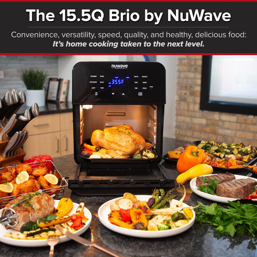 Brio Air Fryer Smart Oven, 15.5-Qt X-Large Family Size, Countertop Convection Rotisserie Grill Combo, 4 Rack Positions, 50°-425°F Temperature Controls in 5° Increments, Linear Thermal Technology and Integrated Temperature Probe Y83723