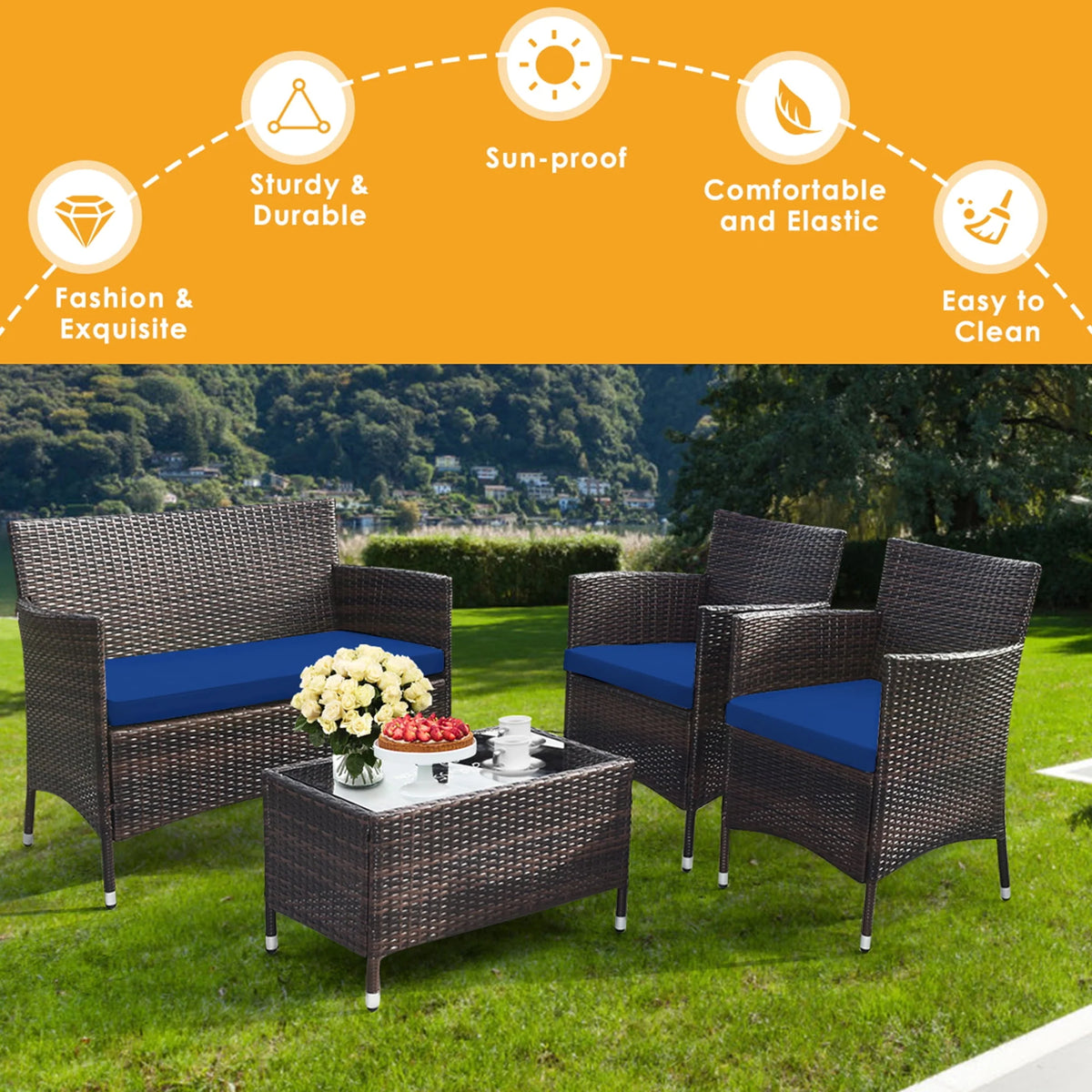 4 Pc Turquoise Cushioned Patio Rattan Conversation Furniture Set M945796