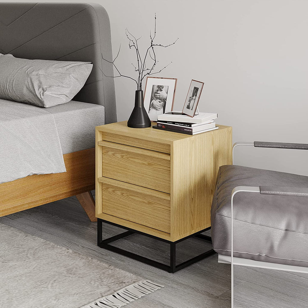 Natural Oak Solid Wood Nightstand with Two Drawers M283776