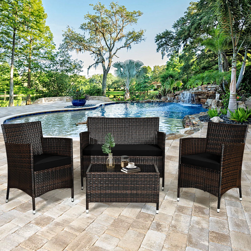 4 Pc Turquoise Cushioned Patio Rattan Conversation Furniture Set M945796