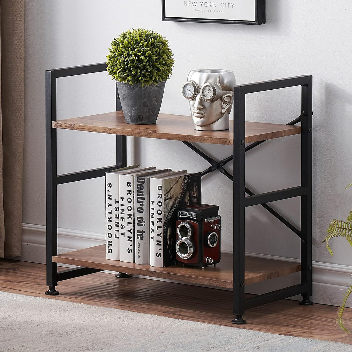 2 Tier Rustic Brown Bookshelf with Metal Frame Y245