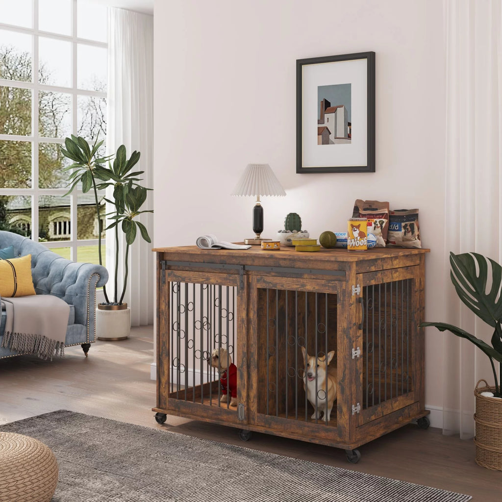 Large Wooden Dog Crate Furniture with Wheels Z21131