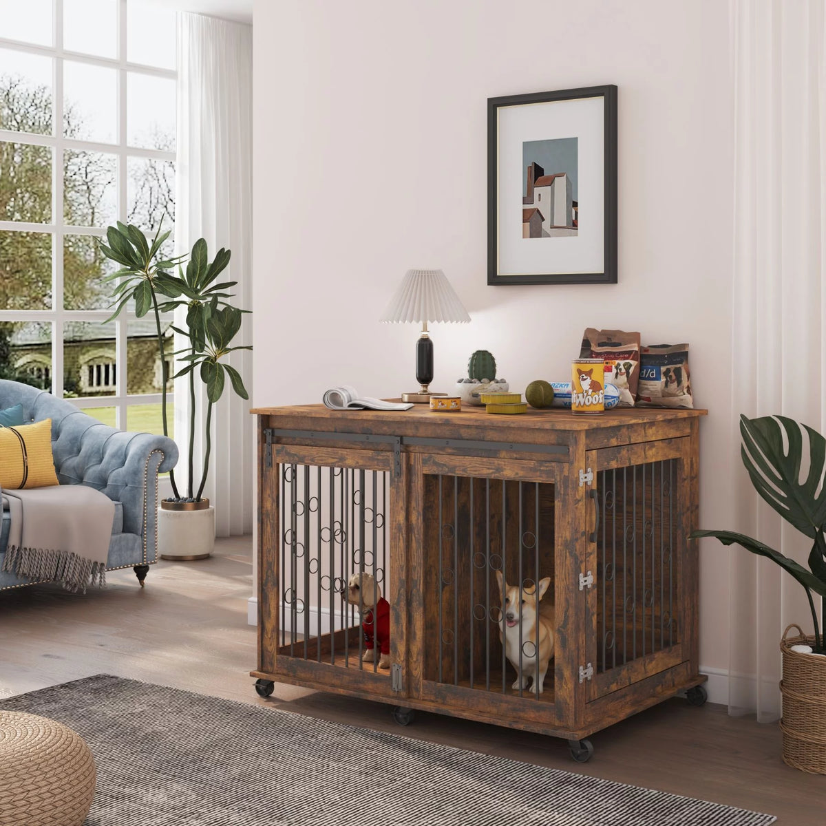 Large Wooden Dog Crate Furniture with Wheels Z21131
