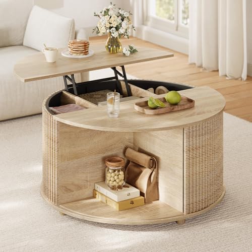Round Lift Top Coffee Table with Hidden Storage and Open Shelves, Oak T41419