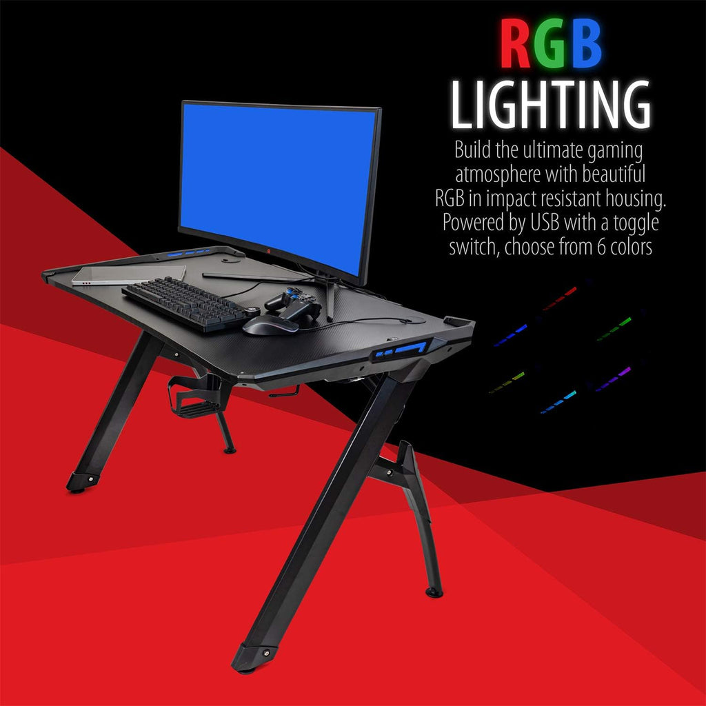 Ultrawide Curved LED Computer Desk, Waterproof Carbon-Fiber Surface, 6-Color RGB Lighting Accents, Cup Holder, 31.5 Mouse Pad X650412