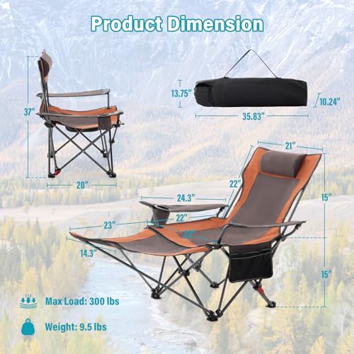 Reclining Camping Chair with Foot Rest, Folding Lounge Chairs, Gray E224