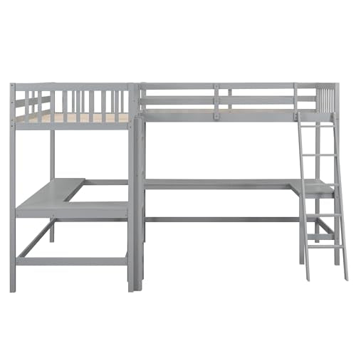 Grey Twin Size L-Shaped Loft Bed with Desk and Guardrails Z797998