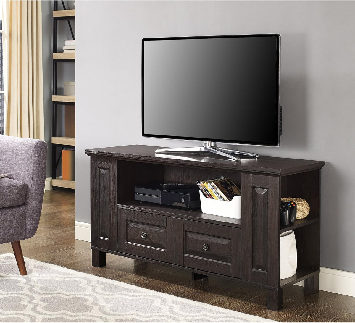 44 Inch Espresso Brown Wood TV Stand with Storage Cabinet O744