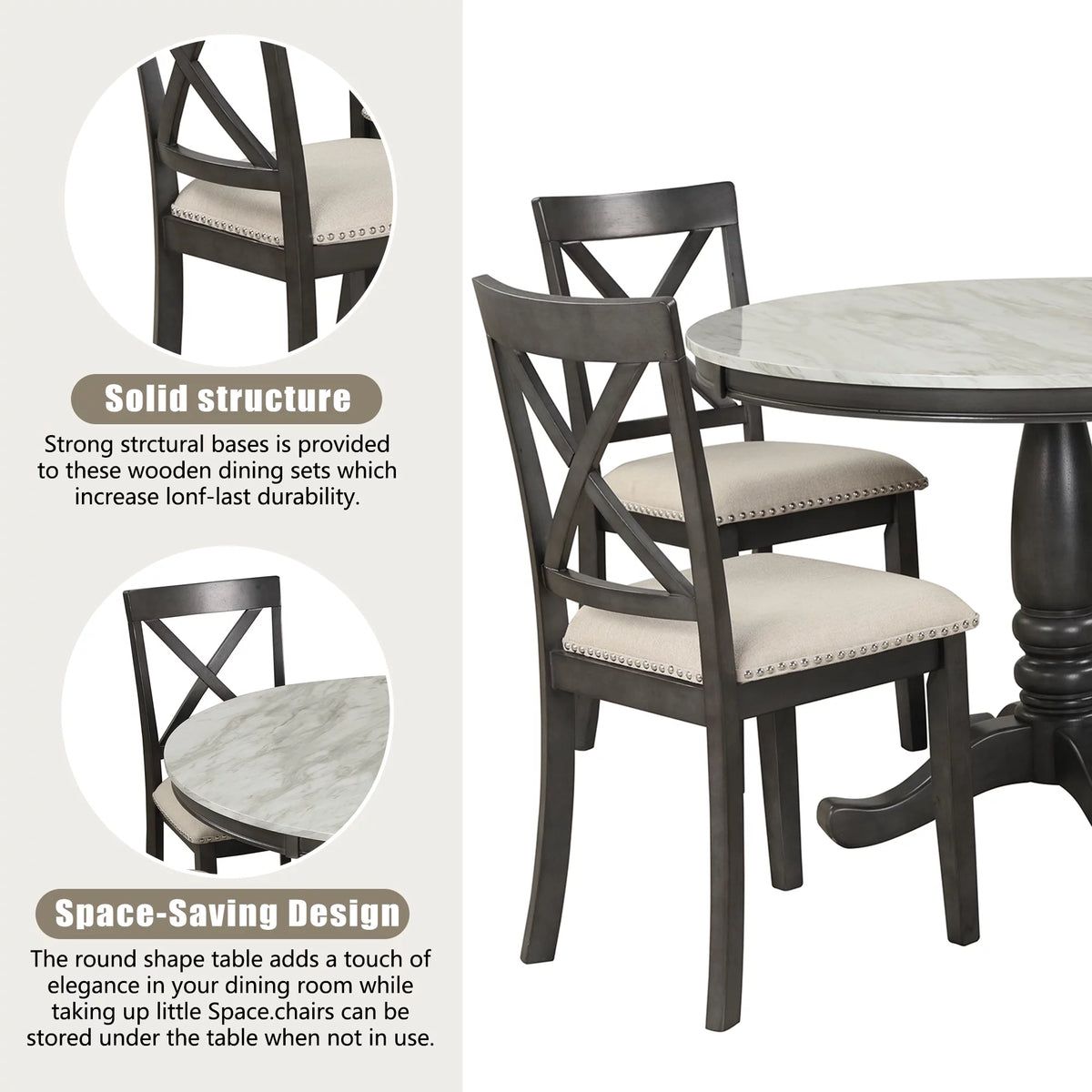 5 Piece Solid Wood Dining Room Set with 4 Chairs E3423