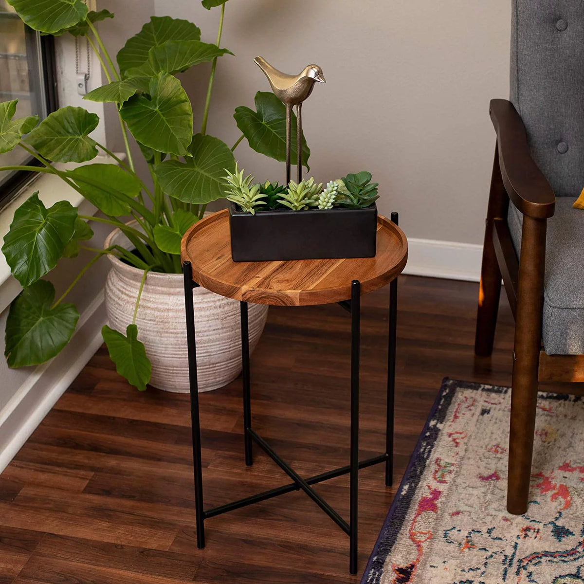 Folding Side Table with Removable Wood Tray P6123
