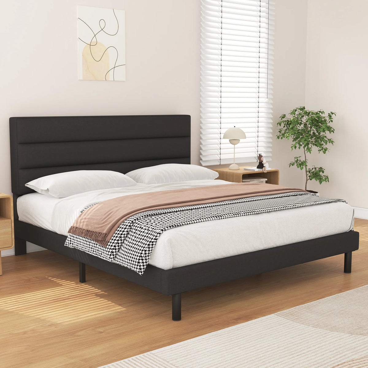 King Size Platform Bed with Wingback Fabric Upholstered Headboard B684455