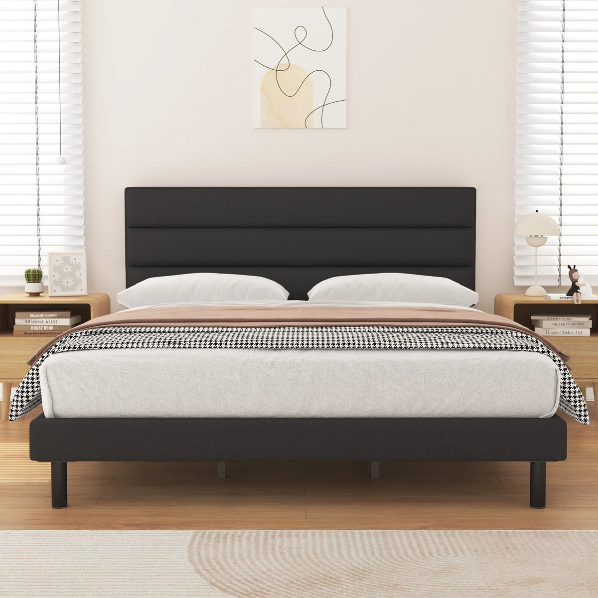 King Size Platform Bed with Wingback Fabric Upholstered Headboard B684455