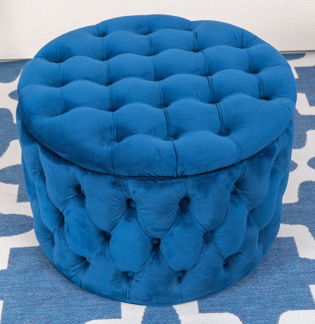 Blue Velvet Round Storage Ottoman O906