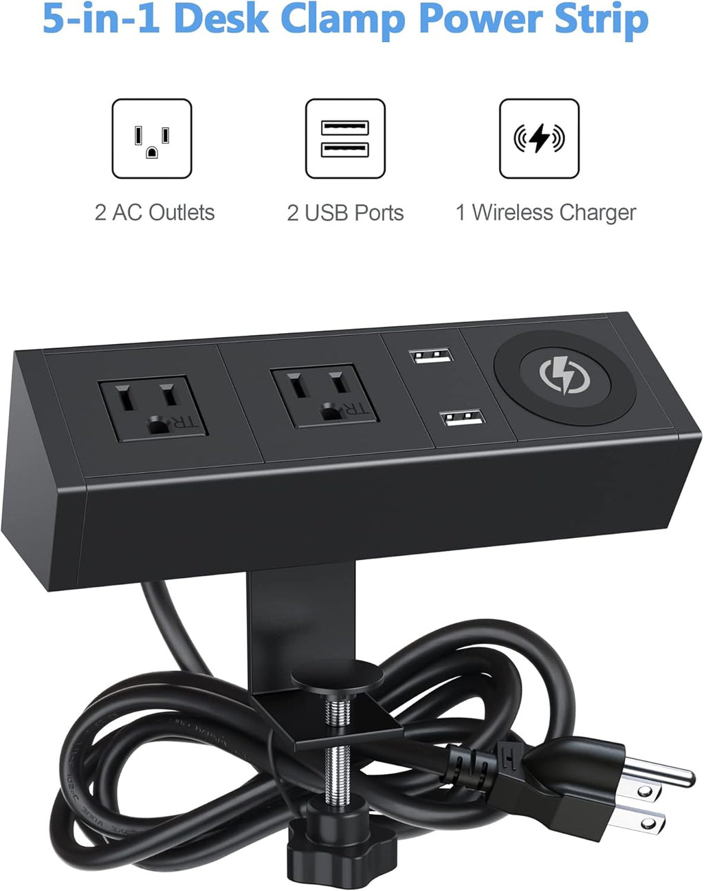 Desk Clamp Power Strip with Wireless Charger, 6ft Cable H519