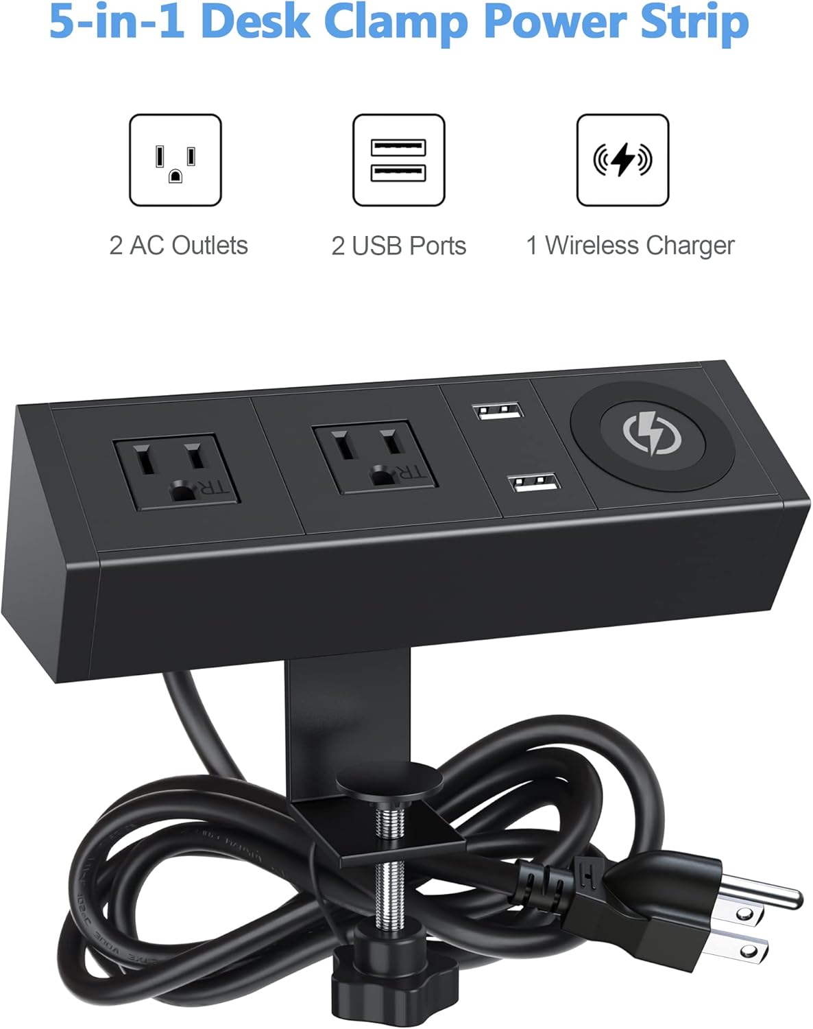 Desk Clamp Power Strip with Wireless Charger, 6ft Cable H519