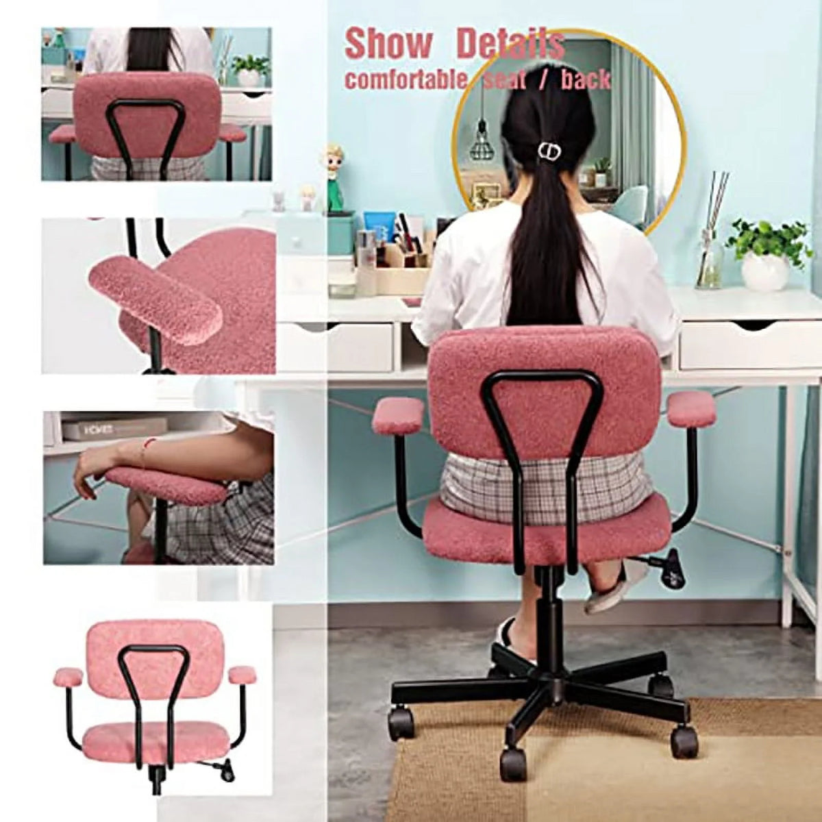 Pink Velvet Fabric Home Office Chair with Armrest L963374