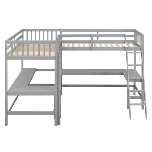 Grey Twin Size L-Shaped Loft Bed with Desk and Guardrails Z797998