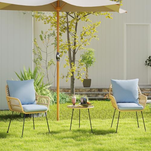 Blue 3 Pieces Upholstered Rattan Patio Bistro Set with Coffee Table U51718