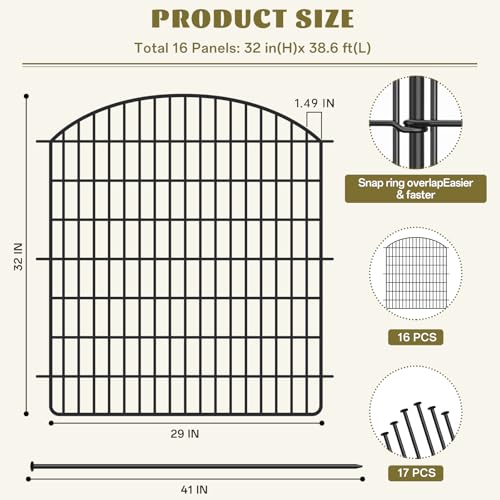 16 Panels 32in x 38.6ft Rustproof Metal Garden Fence with Gate D682078