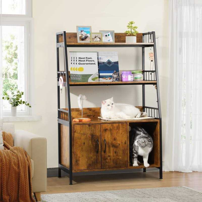 Cat Litter Box Enclosure with Storage Shelves Wooden Large Litter Box Furniture Q428
