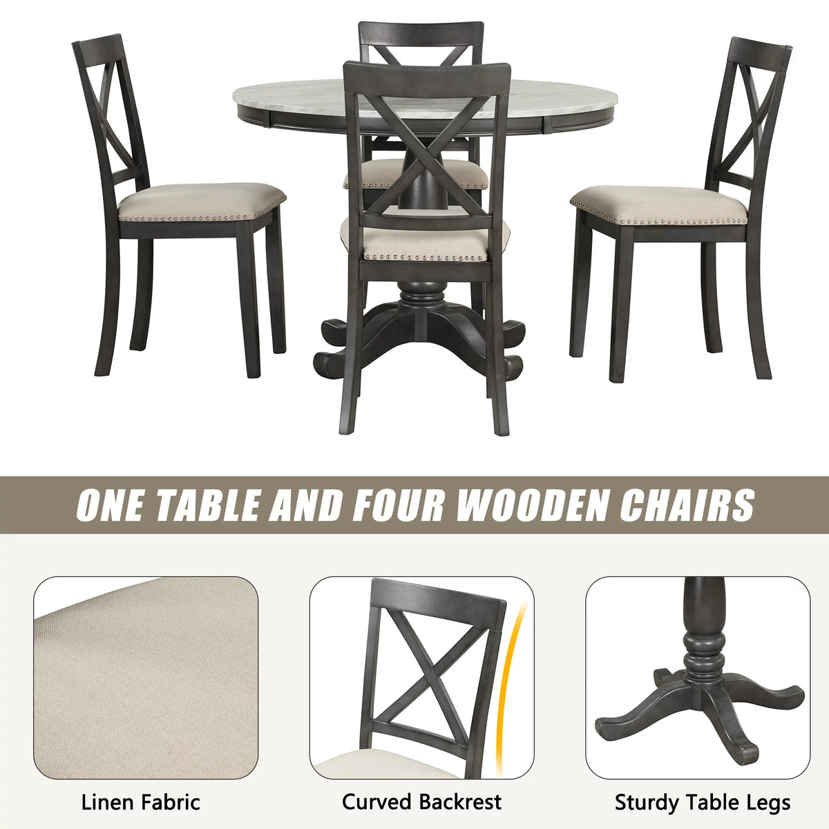 5 Piece Solid Wood Dining Room Set with 4 Chairs E3423