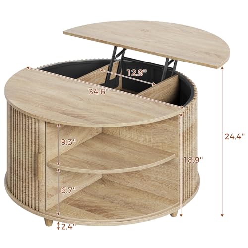 Round Lift Top Coffee Table with Hidden Storage and Open Shelves, Oak T41419