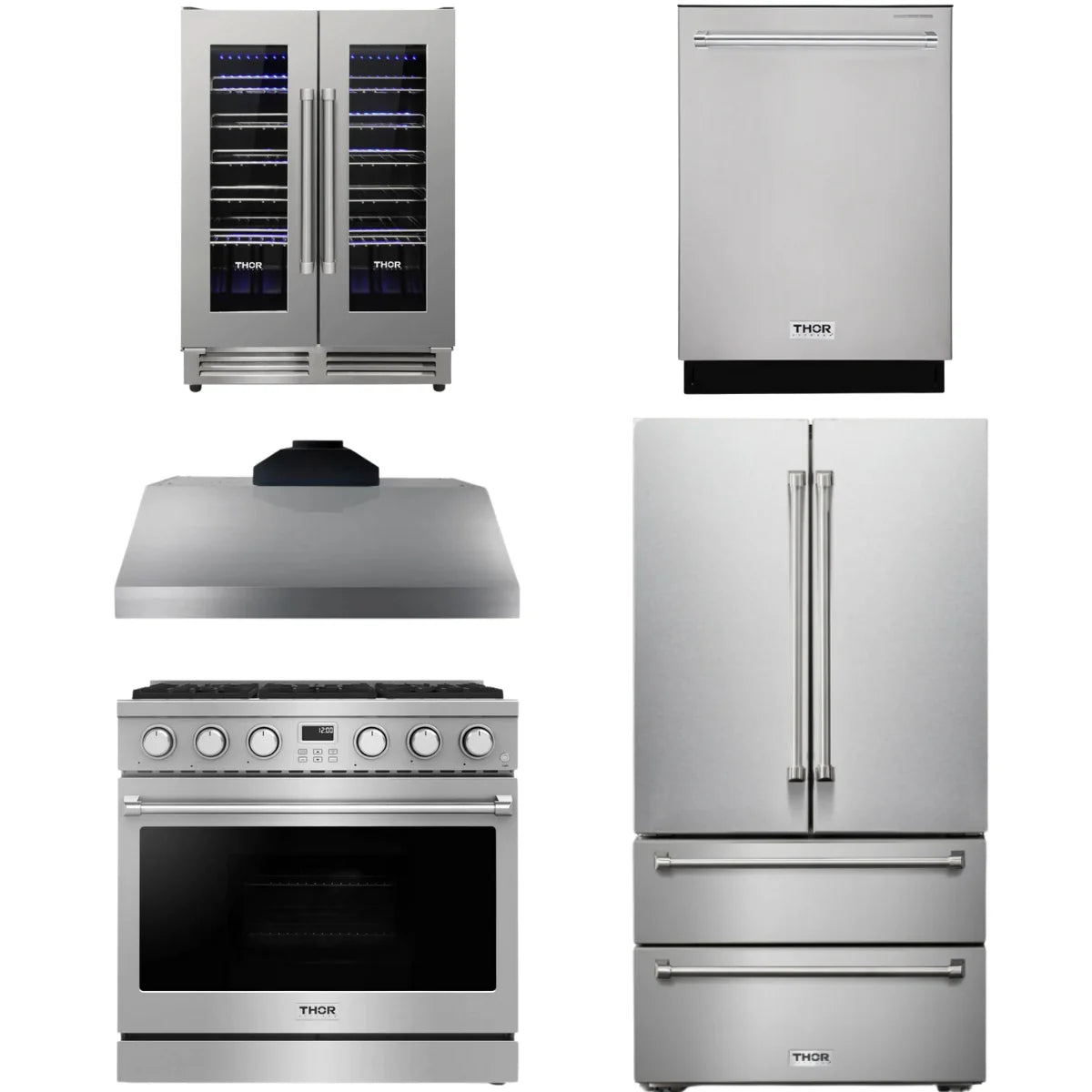 36 Gas Range, Range Hood, Refrigerator, Dishwasher and Wine Cooler I2428