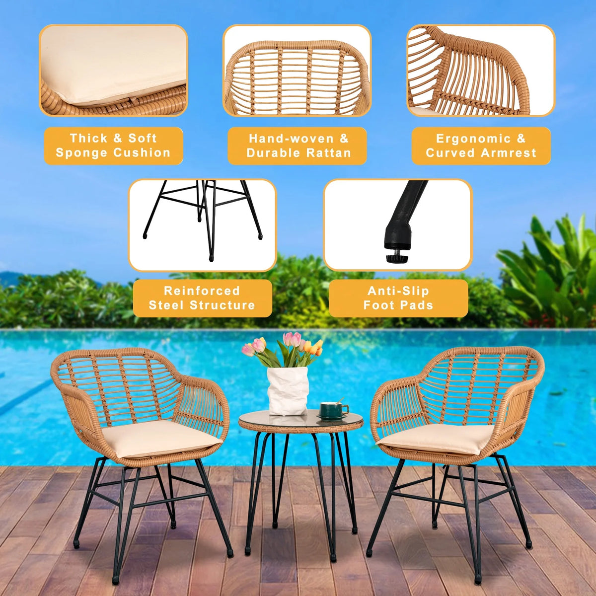 3-Piece Beige Patio Conversation Set Y9083