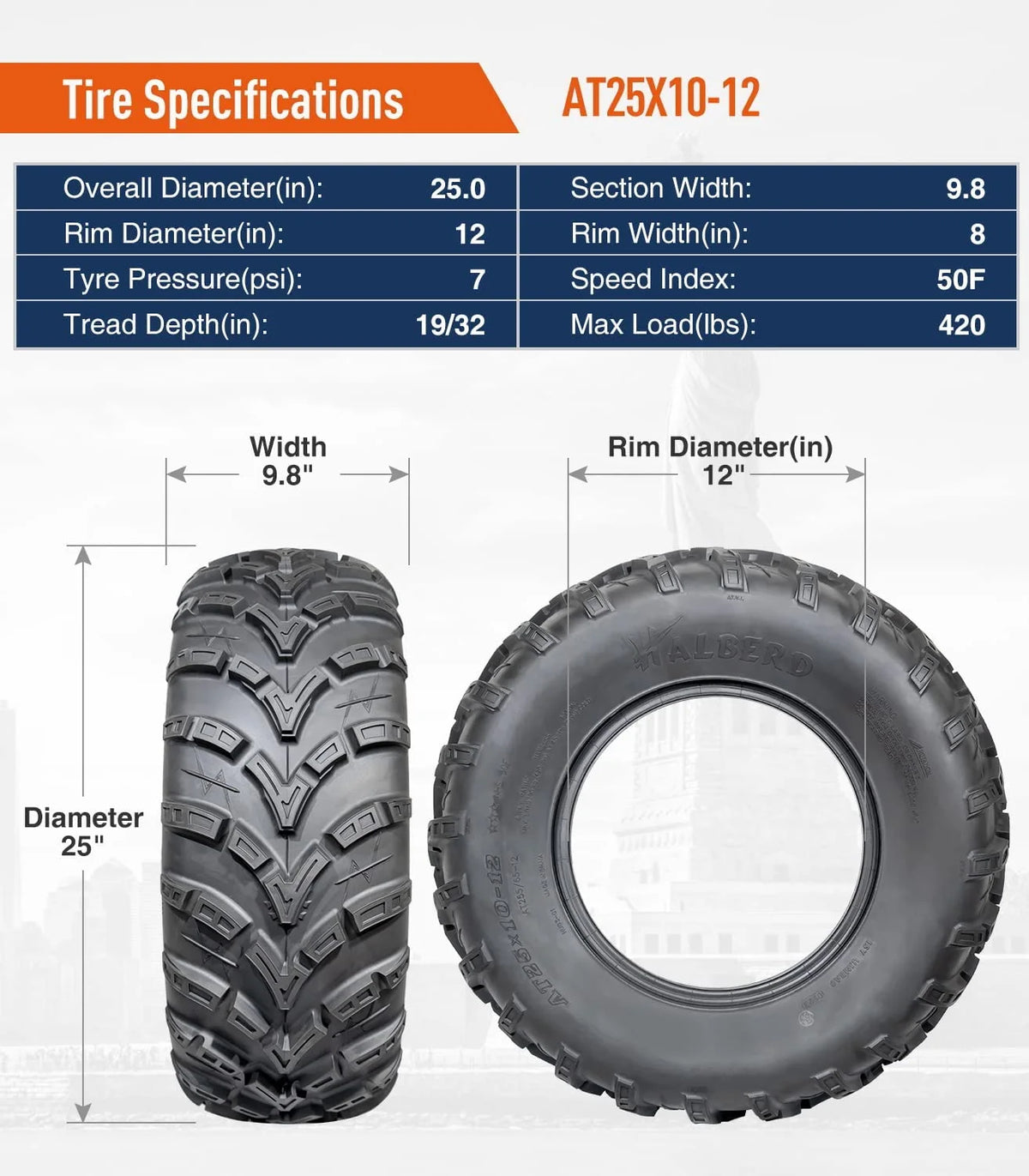 25x8-12 Front & 25x10-12 Rear All Terrain Tires Set of 4 Z270