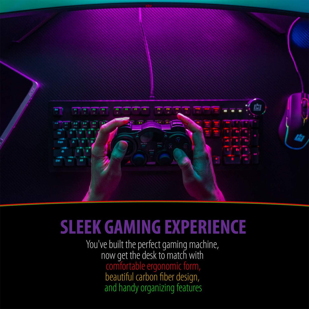 Ultrawide Curved LED Computer Desk, Waterproof Carbon-Fiber Surface, 6-Color RGB Lighting Accents, Cup Holder, 31.5 Mouse Pad X650412