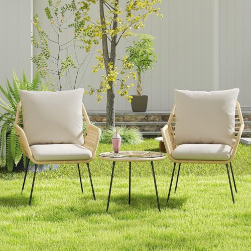 Blue 3 Pieces Upholstered Rattan Patio Bistro Set with Coffee Table U51718