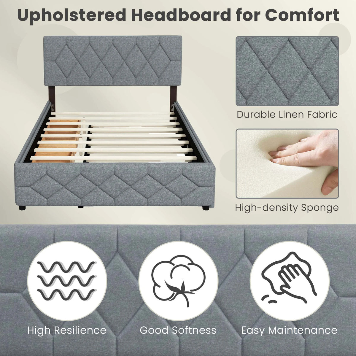 Queen Upholstered Platform Bed with Twin XL Trundle and 2 Drawers N2195