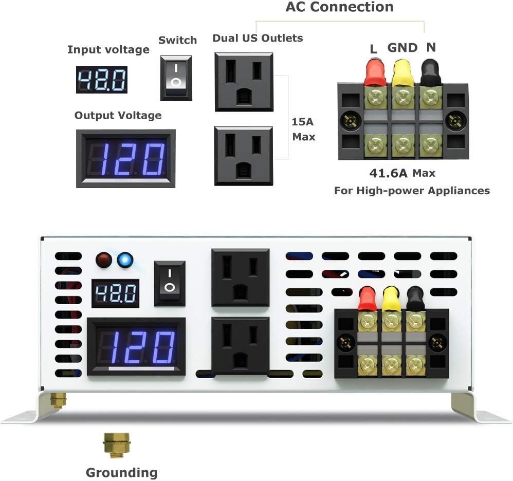 5000W Pure Sine Wave Power Inverter DC 48V to 110V 120V AC with Dual Outlets and Digital LED Display Y876