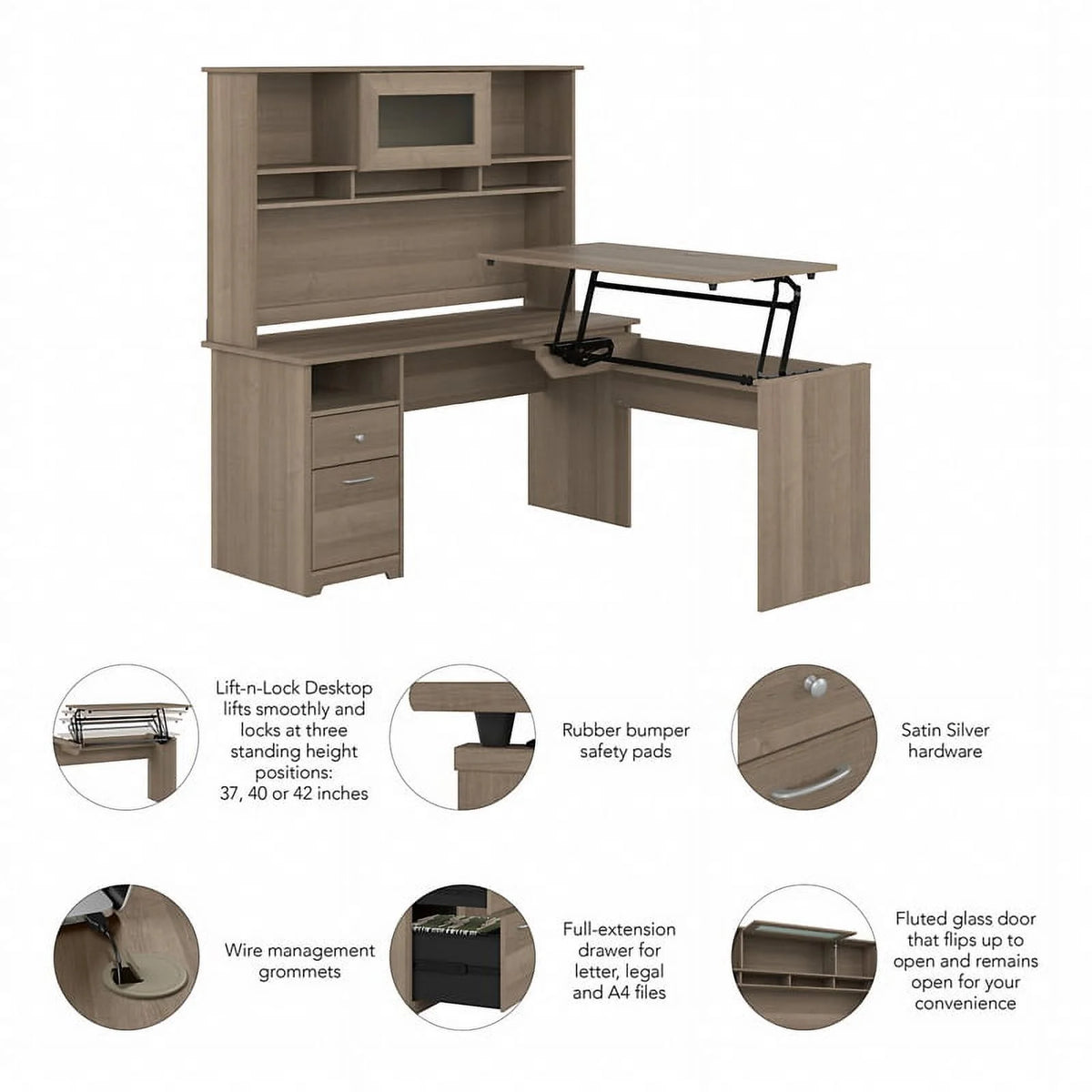 Ash Gray Engineered Wood Sit to Stand L Desk with Hutch X47279