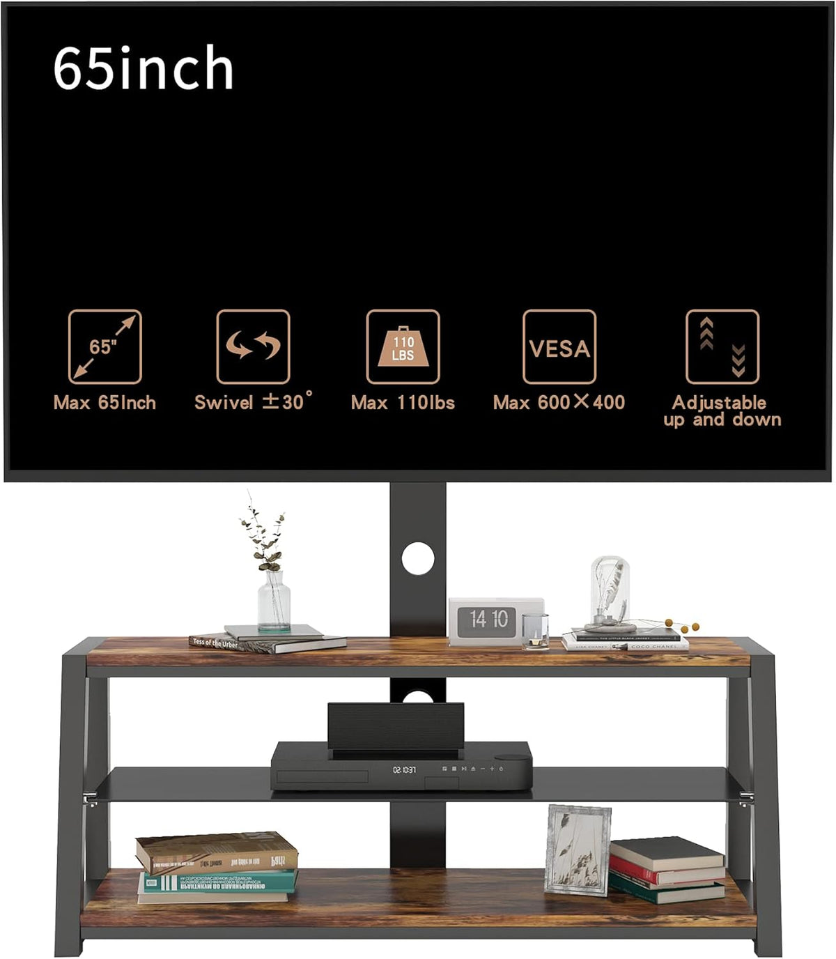 Swivel Floor TV Stand with Adjustable Tempered Wooden Shelves B789