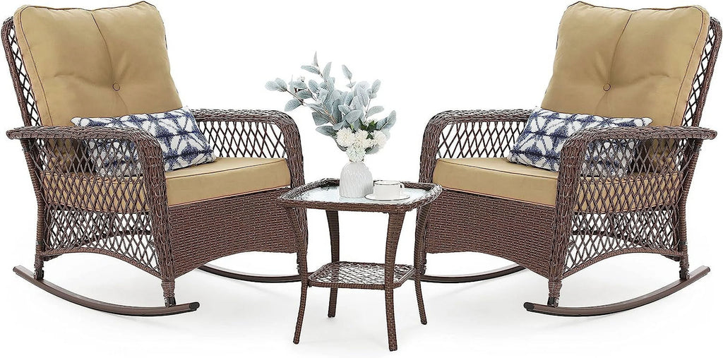 3-Piece Wicker Outdoor Rocking Chairs with Cushions and Table E613