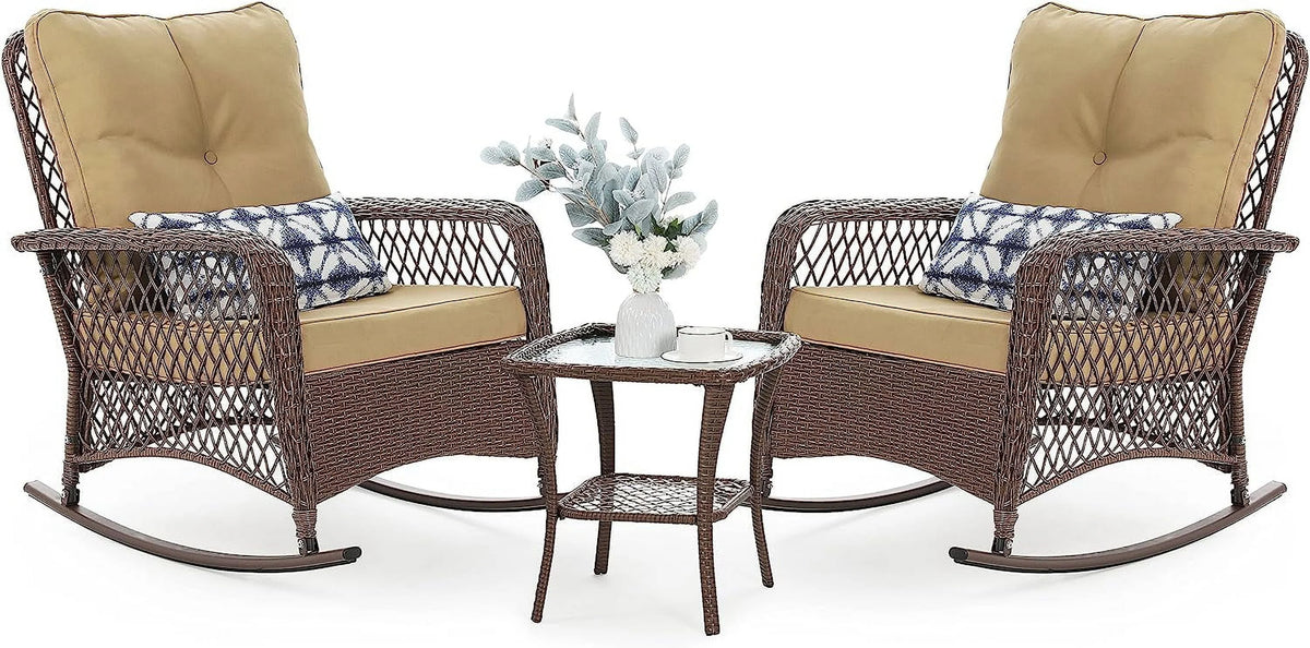 3-Piece Wicker Outdoor Rocking Chairs with Cushions and Table E613